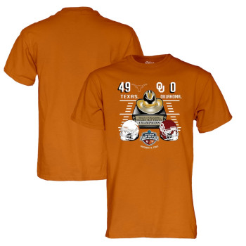 Men's - Texas Longhorns vs. Oklahoma Sooners Blue 84 2022 Red River Showdown Score Texas Orange College Football T-Shirt