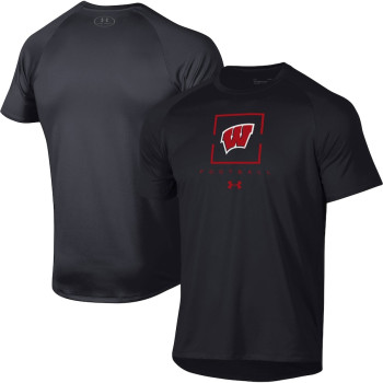 Men's - Wisconsin Badgers Under Armour Tech Performance Raglan Black College Football T-Shirt